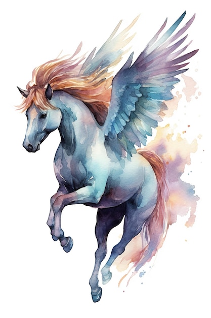 Pegasus watercolor clipart cute isolated on white background with Generative AI Technology