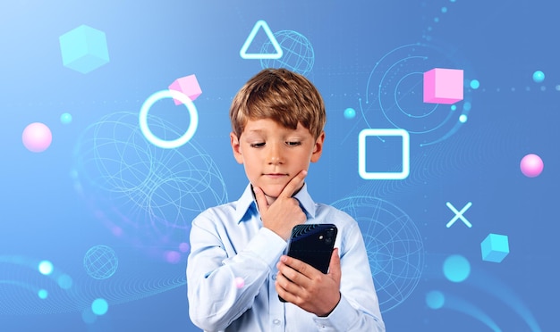 Peinzende jongen met smartphone metaverse iconen