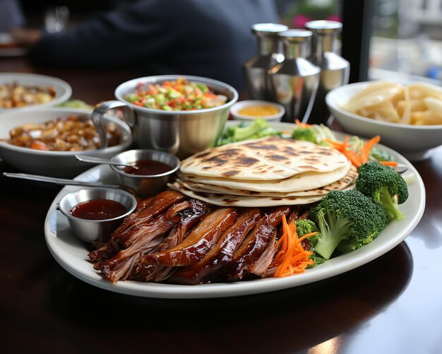 Peking duck is a Chinese dish where the duck is fried until crispy and served with flatbread hoisin sauce and vegetables AI generated