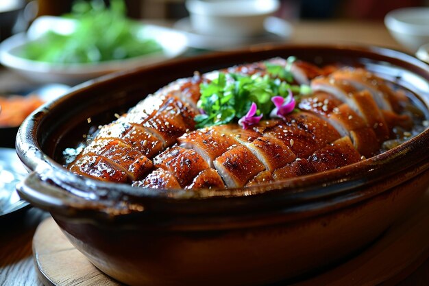 Peking duck is on a plate