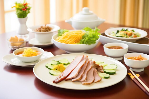 Peking duck meal set with side dishes on table