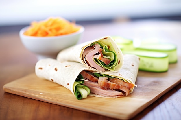 Photo peking duck wrap with cucumber sticks