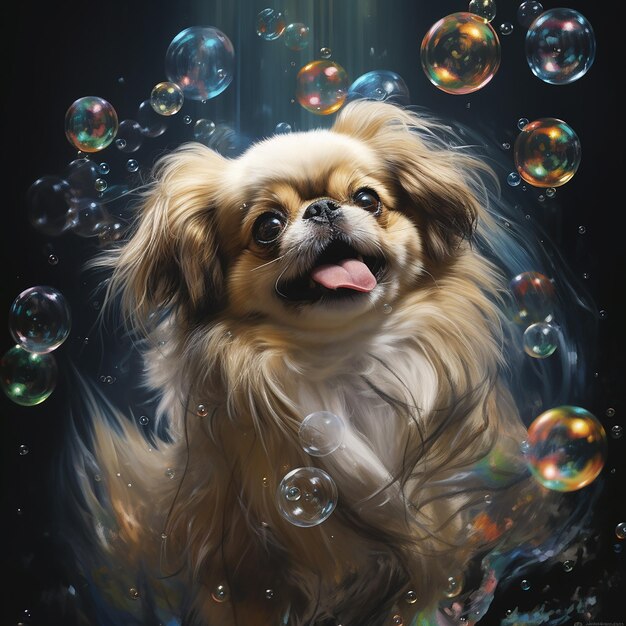 A pekingese playing in bubbles