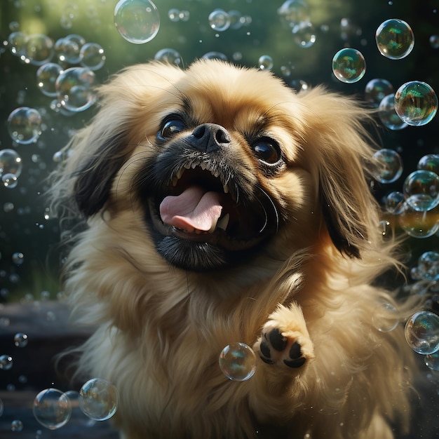 A pekingese playing in bubbles
