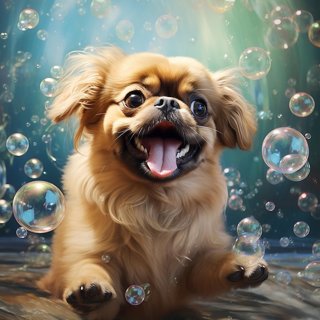 A pekingese playing in bubbles