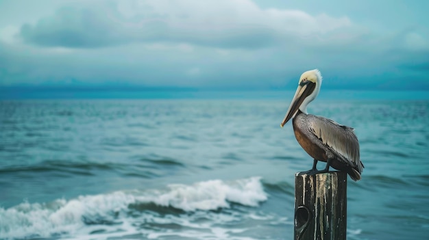 Pelecaniformes bird with large beak perched on wooden post over fluid water aig