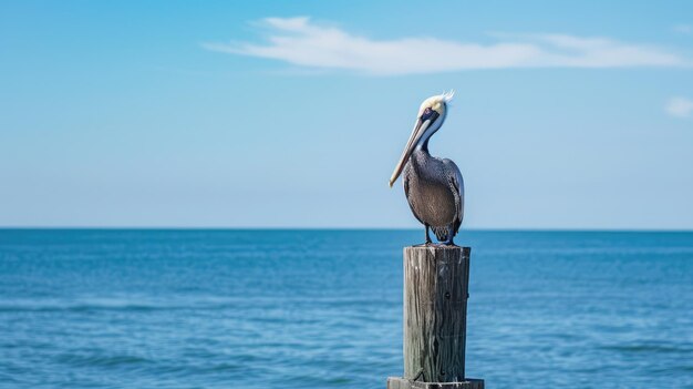 Photo pelecaniformes bird with large beak perched on wooden post over fluid water aig