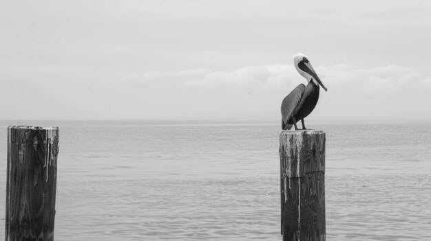 Photo pelecaniformes bird with large beak perched on wooden post over fluid water aig