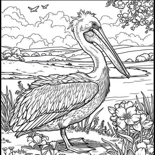 pelican bird drawing Coloring book page