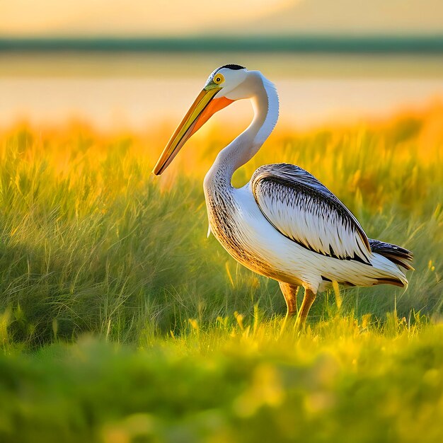 A Pelican bird Roaming in the field