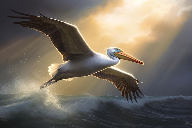 Photo a pelican is flying over the ocean and the sun is shining through the clouds.