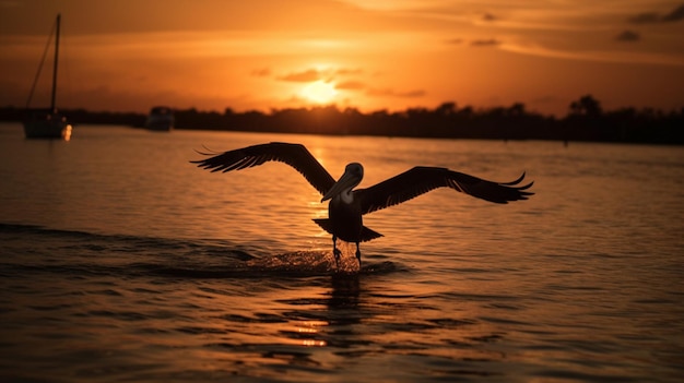 Photo a pelican is flying in the water at sunset.