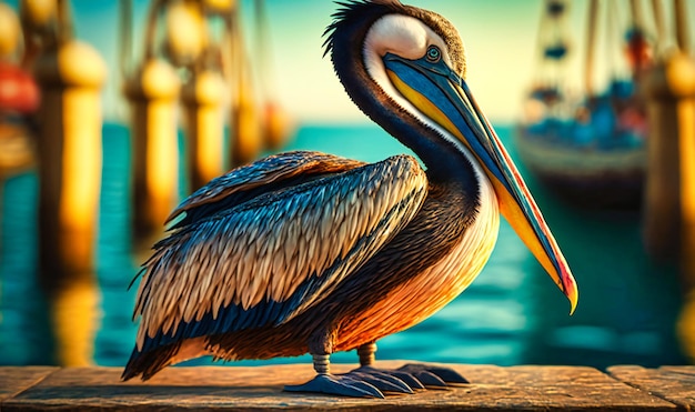 A pelican perched on a pier watching fishermen bring in their catch