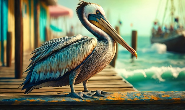 A pelican perched on a pier watching the waves roll in