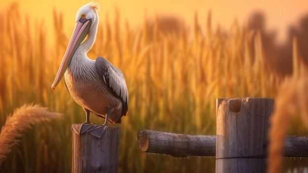 Pelican Positively Glowing On Farm Fence Post