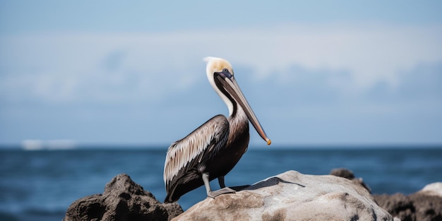 Photo pelican on a rock with a blue sky in the background