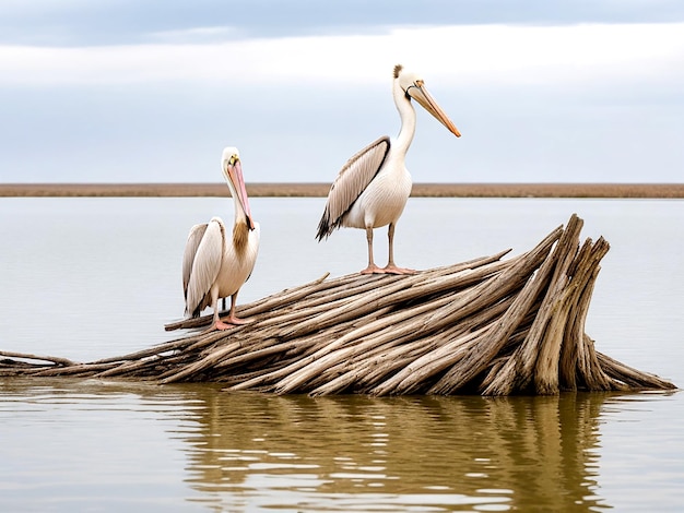 Photo a pelican sitting on dry driftwood in the middle of a lake ai_generated