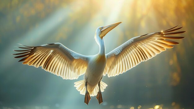 A Pelican Spreading Its Wings Flying Against the Sunlight