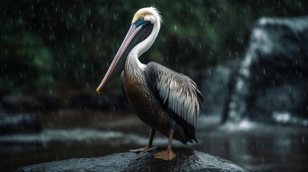 Pelican standing on a rock in the rain