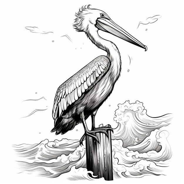 A pelican stands on a pylon in the water waves crash against the pylon Line drawing