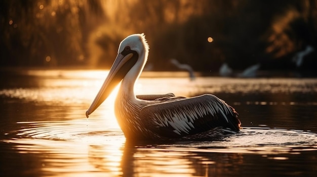 A pelican swims in a lake with the sun setting behind it.