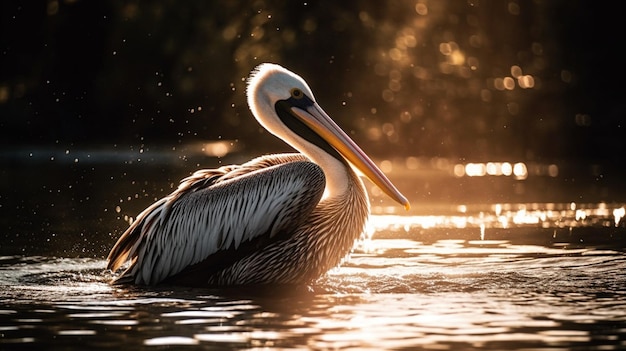 A pelican swims in a lake with the sun shining on the water.