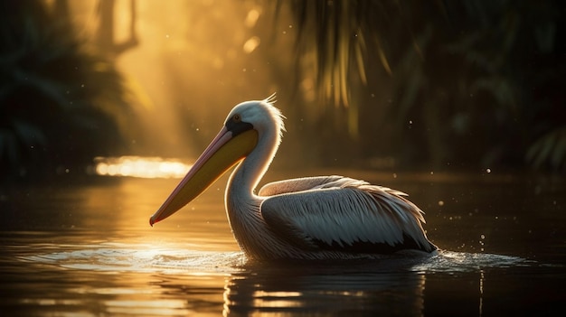 A pelican swims in a pond with the sun shining on the water.