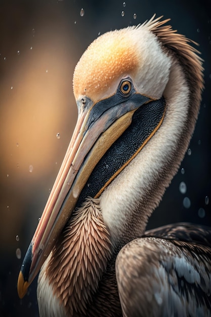 A pelican with a blue eye sits on a wet surface.