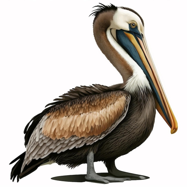 A pelican with a white background and a blue beak