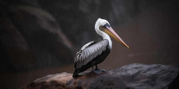 A pelican with a white head and black feathers