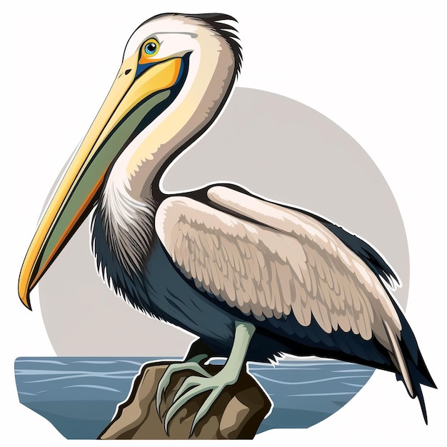 A pelican with a yellow eye stands on a rock in front of a body of water.