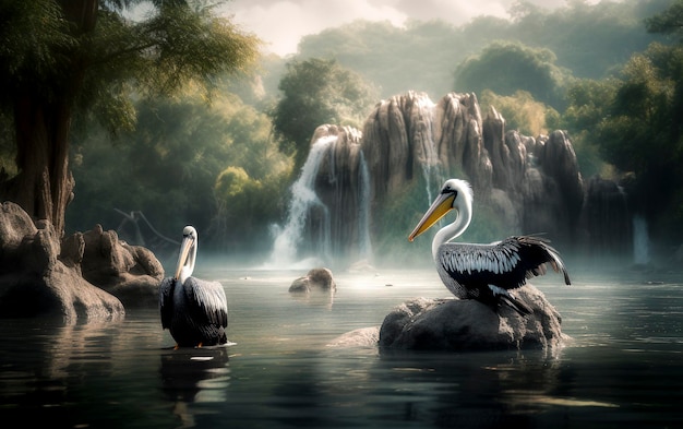 Pelicans in a Beautiful Lagoon with a Backdrop of Waterfall Generative AI