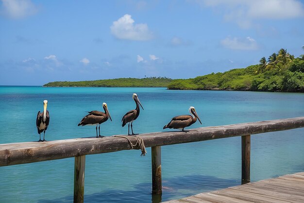 Pelicans standing on a dock over ocean waters