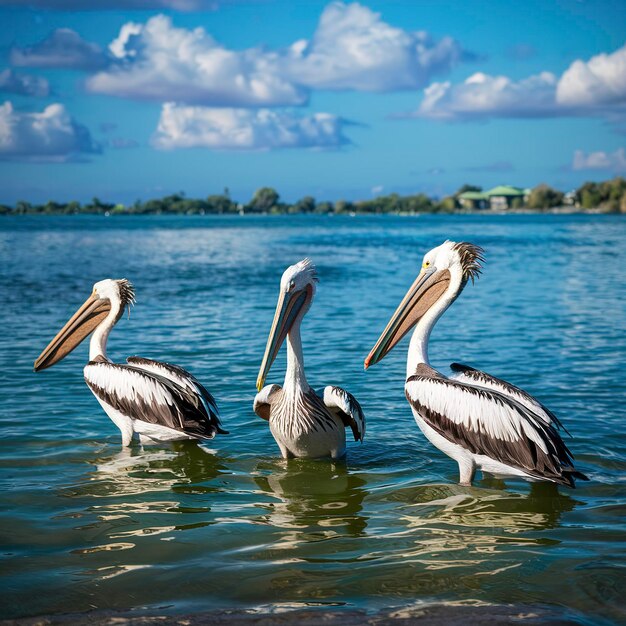 Pelicans in the water on a sunny day