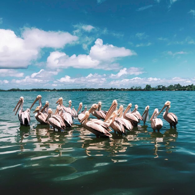 Pelicans in the water on a sunny day