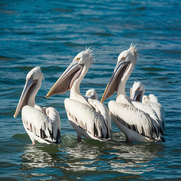 Pelicans in the water on a sunny day