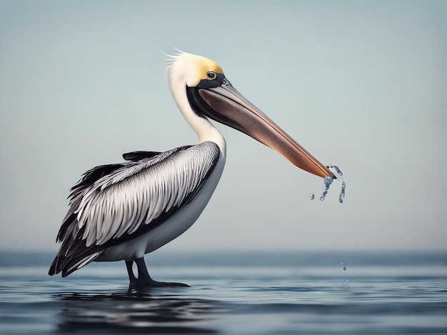 Pelikaan dier cartoon eten van een vis op het water met witte achtergrond gegenereerd door AI