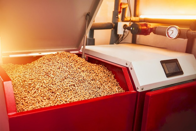 a pellet stove using compressed wood pellets as a green and economical fuel source heating a domestic furnace with fire and technology