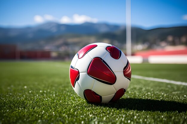 Pelota de futbol moderna y futurista colo rojo sobre el cesped de un campo de futbol (moderne en futuristische voetbalbalbalbal)