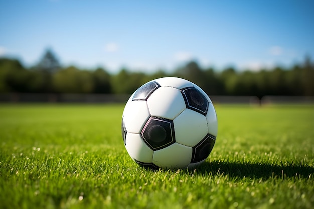 Pelota de futbol soccer clasica sobre el cesped de un estadio