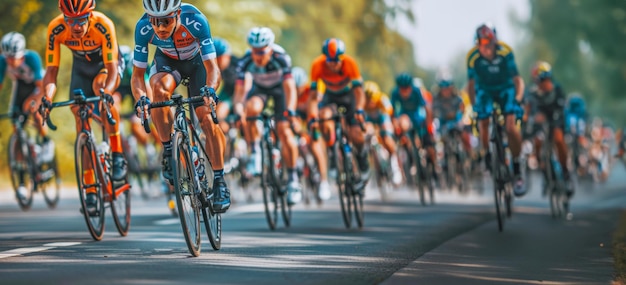 Peloton on road cycling race in vivid color and motion