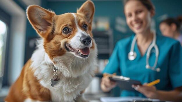 ペンブローク・ウェールズ・コーギー犬が医療施設で女性医によってぼんやりした背景で検査されています