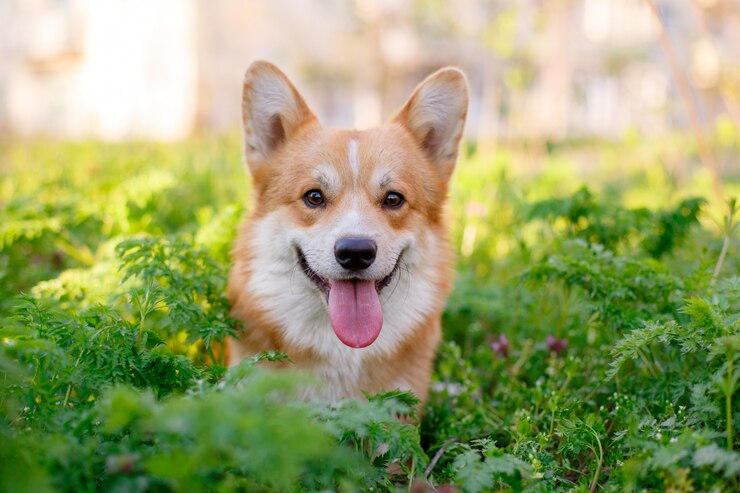 펨 브룩 웨일즈 어 Corgi 개는 공원에서 산책에 잔디에 앉아