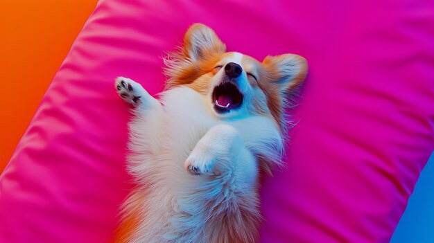 Photo pembroke welsh corgi dog yawning on colorful background