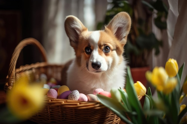 花を持つペンブローク ウェルシュ コーギー子犬