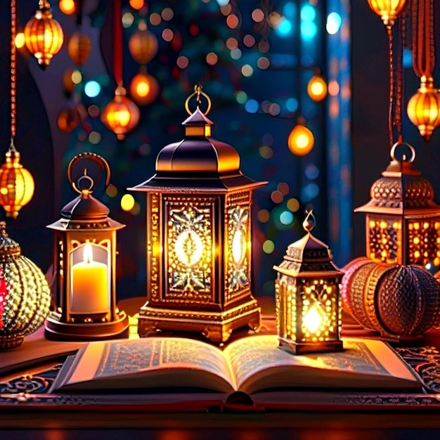 Photo pemium lantern with reading holy quran