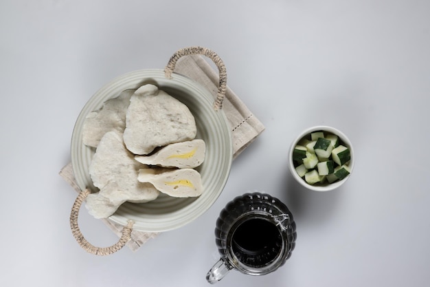 Pempek Telur Kecil is an egg fish cake from Palembang, South Sumatera, served with cuko.