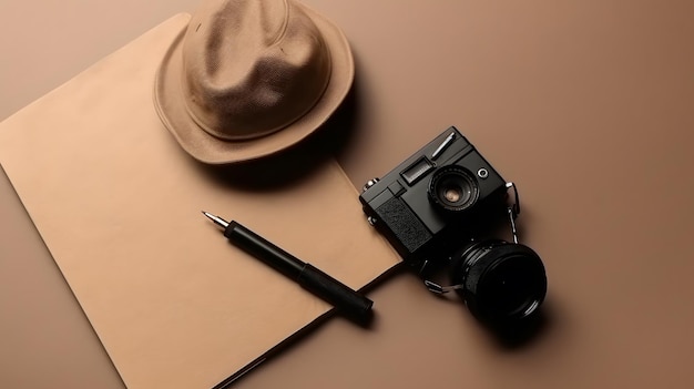 A pen and a camera on a piece of paper with a pen on it.