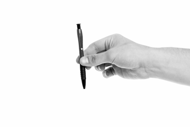 Pen a contract Ballpoint pen isolated on white Ball pen in male hand Office stationery Pen and ink Literary activities Business letter writing Journalism school Education and study
