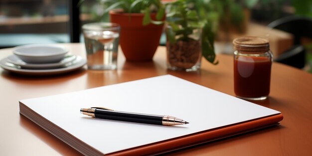 Pen en notitieboek op een houten tafel in een koffiewinkel